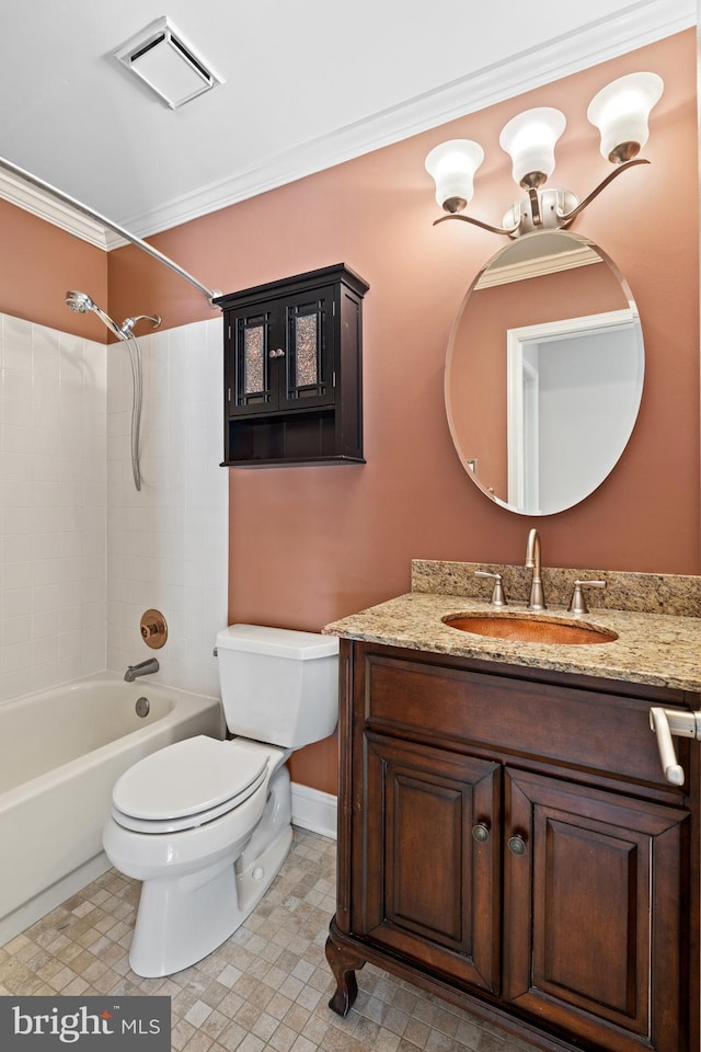 full bathroom with vanity, visible vents, ornamental molding, bathtub / shower combination, and toilet