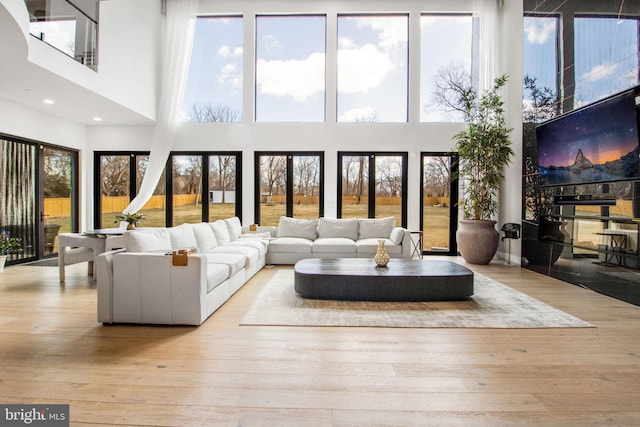 living area featuring plenty of natural light, wood finished floors, and a towering ceiling