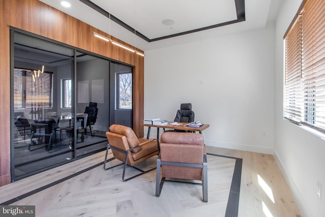 office with plenty of natural light, baseboards, and a tray ceiling