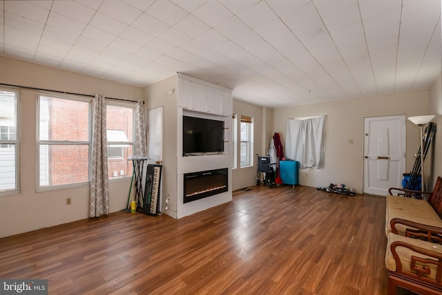 unfurnished living room with a glass covered fireplace, plenty of natural light, and wood finished floors