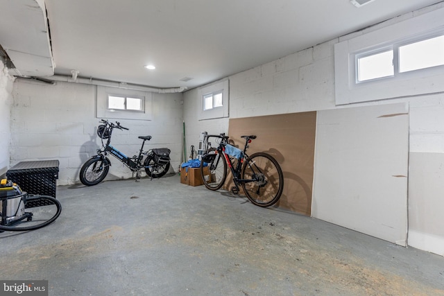 garage with concrete block wall