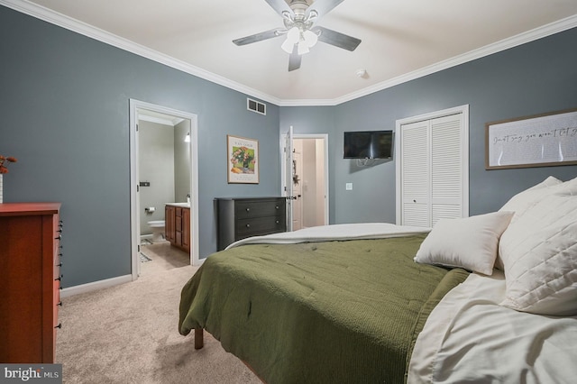 bedroom with light carpet, visible vents, crown molding, and baseboards