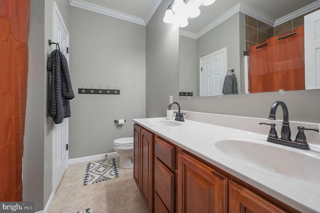 full bath featuring tile patterned floors, ornamental molding, baseboards, and a sink