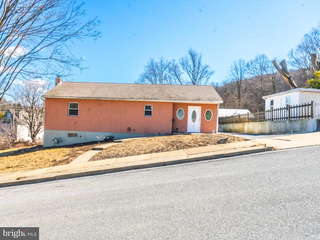 view of front facade with a fenced front yard, crawl space, and stucco siding