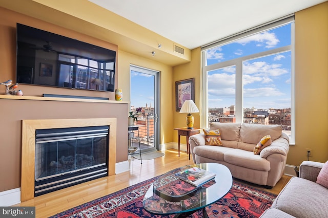 1400 Lancaster St Unit 605, Baltimore, MD 21231 - living room with visible vents, a glass covered fireplace, and wood finished floors