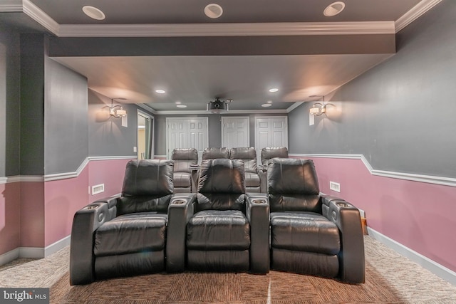 1052 Cedar Mill Ln, West Chester, PA 19382 - cinema room featuring carpet floors, crown molding, baseboards, and recessed lighting