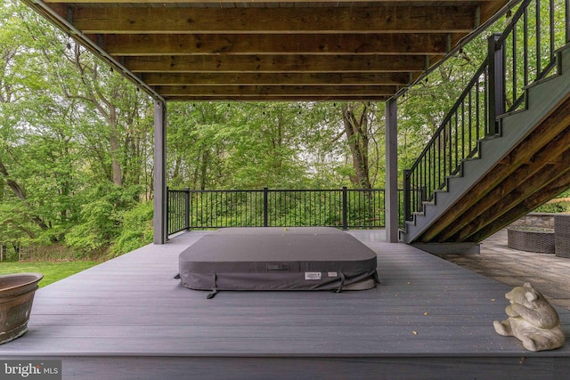 1052 Cedar Mill Ln, West Chester, PA 19382 - wooden terrace with a covered hot tub and stairway