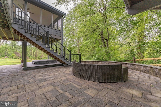 1052 Cedar Mill Ln, West Chester, PA 19382 - view of patio featuring stairs, a sunroom, an outdoor living space, and a covered hot tub