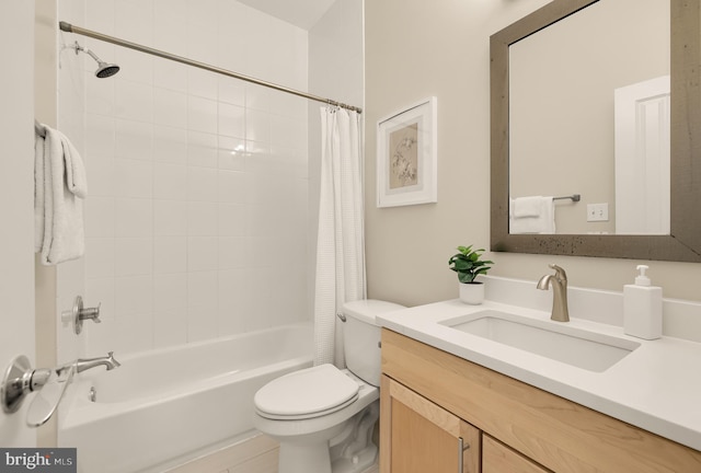 full bathroom featuring shower / bath combination with curtain, vanity, and toilet