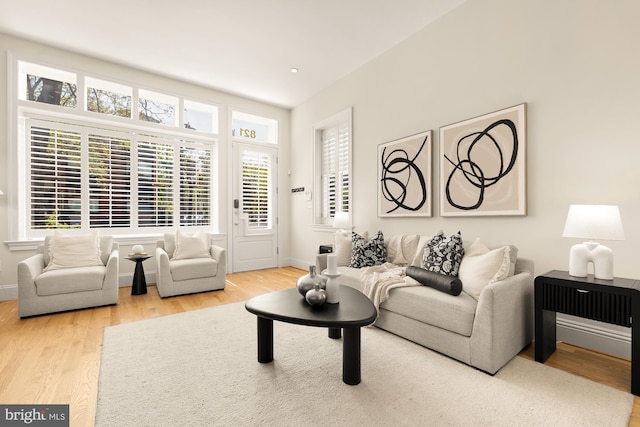 living area featuring wood finished floors and baseboards
