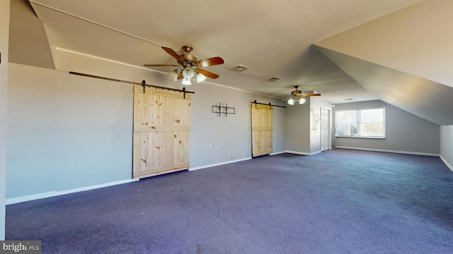 519 Delaware Ave, Egg Harbor Township, NJ 08234 - interior space with visible vents, a ceiling fan, a barn door, dark colored carpet, and baseboards