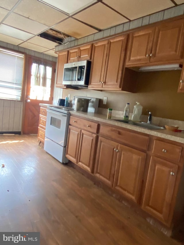 kitchen featuring light wood-style flooring, a sink, stainless steel microwave, white electric range oven, and light countertops