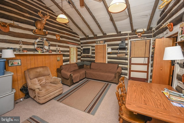 carpeted living room with lofted ceiling with beams and wooden ceiling