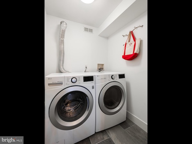 laundry room with visible vents, baseboards, laundry area, and washing machine and clothes dryer