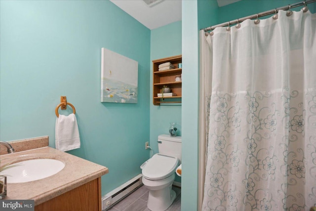 full bathroom with tile patterned floors, toilet, a shower with curtain, a baseboard heating unit, and vanity