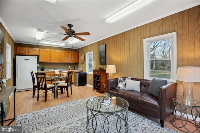 living room featuring light wood-type flooring, ceiling fan, and crown molding