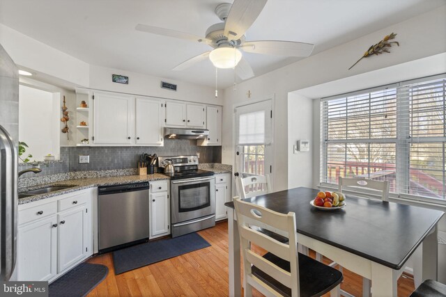 kitchen featuring open shelves, a sink, stainless steel appliances, white cabinets, and under cabinet range hood