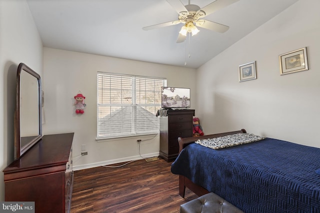 bedroom with baseboards, wood finished floors, a ceiling fan, and vaulted ceiling