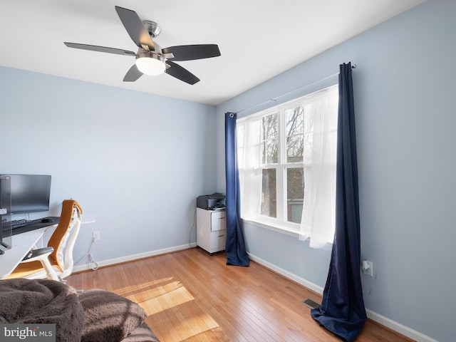 home office with visible vents, a ceiling fan, baseboards, and hardwood / wood-style flooring