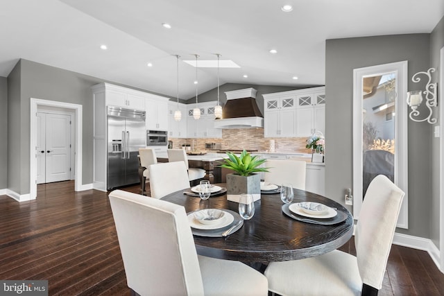 dining area with dark wood-style floors, recessed lighting, baseboards, and lofted ceiling