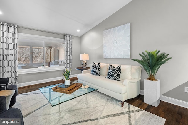 living room with visible vents, lofted ceiling, wood finished floors, recessed lighting, and baseboards