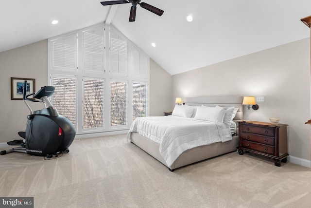 bedroom with recessed lighting, carpet flooring, baseboards, ceiling fan, and vaulted ceiling with beams