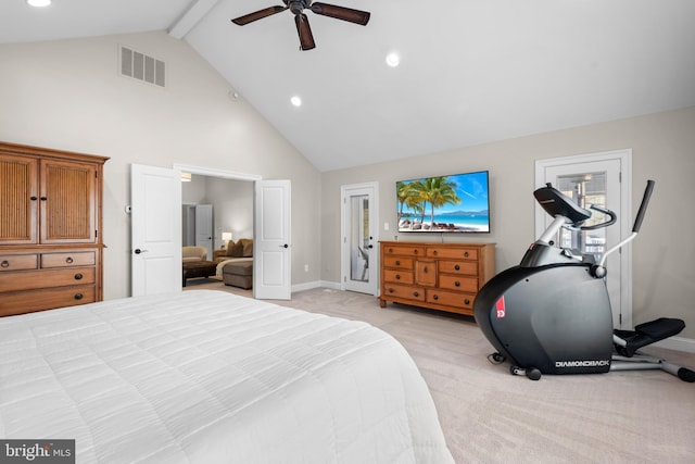 bedroom featuring visible vents, light carpet, high vaulted ceiling, beam ceiling, and a ceiling fan