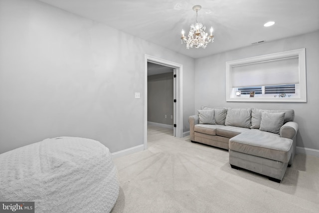 carpeted living area featuring a chandelier, visible vents, recessed lighting, and baseboards