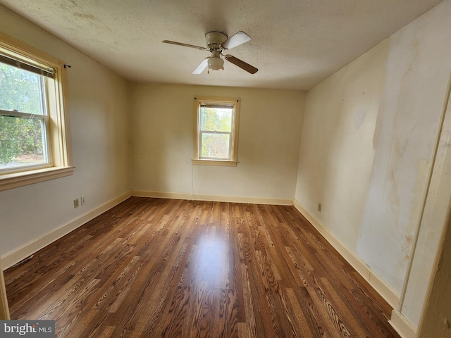 unfurnished room featuring a textured ceiling, wood finished floors, baseboards, and a healthy amount of sunlight