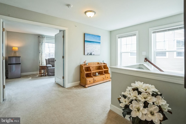 interior space featuring baseboards and light carpet