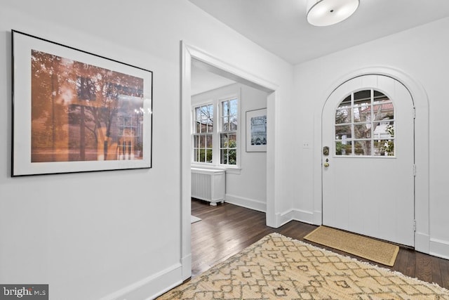 entrance foyer with baseboards, radiator, and wood finished floors