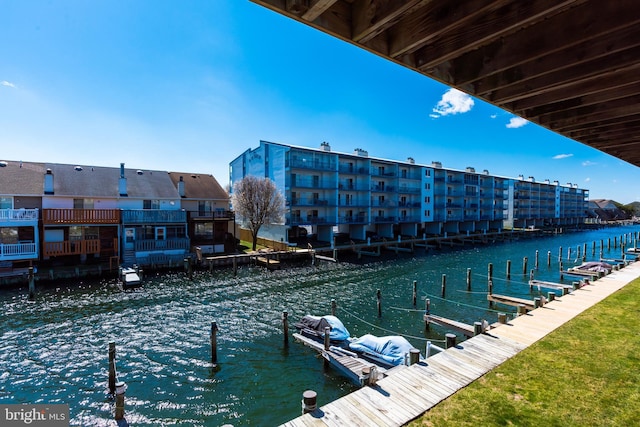 view of dock with a water view