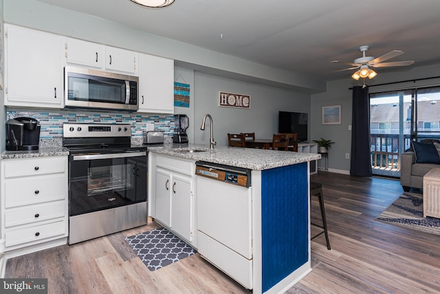 kitchen featuring a sink, a peninsula, open floor plan, and stainless steel appliances