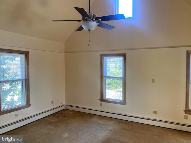 spare room with a baseboard radiator, a ceiling fan, carpet flooring, and vaulted ceiling