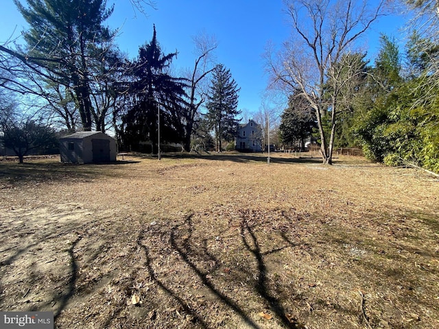 view of yard with an outbuilding and a shed