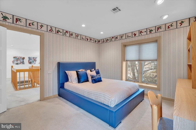 bedroom featuring visible vents, recessed lighting, carpet floors, wallpapered walls, and baseboards