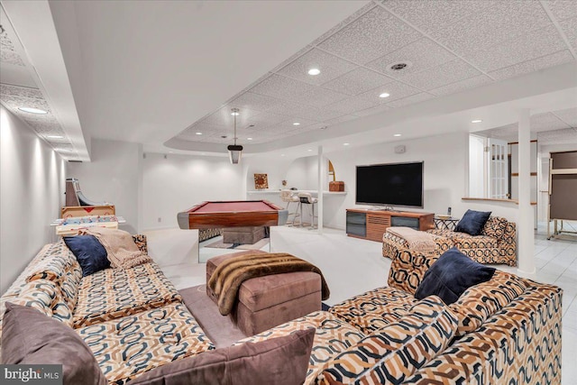 living area featuring tile patterned flooring, recessed lighting, billiards, and a paneled ceiling