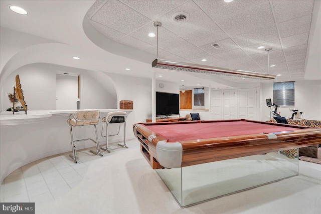 game room with visible vents, recessed lighting, billiards, and baseboards