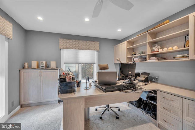 home office featuring light carpet, recessed lighting, baseboards, and ceiling fan