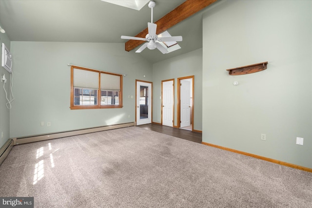 carpeted spare room featuring beamed ceiling, high vaulted ceiling, baseboards, baseboard heating, and ceiling fan