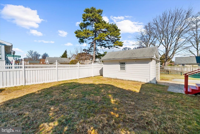 view of yard with an outbuilding and a fenced backyard