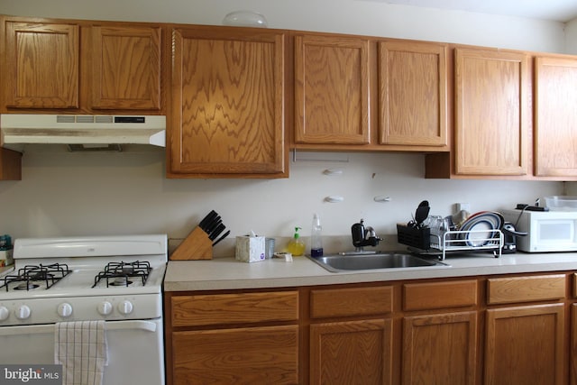 kitchen with white appliances, light countertops, under cabinet range hood, and a sink