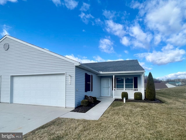 ranch-style house with a porch, roof with shingles, concrete driveway, an attached garage, and a front yard