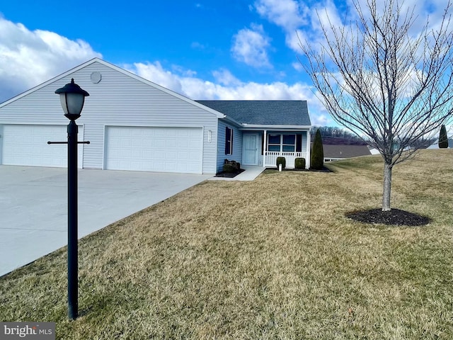 ranch-style home with an attached garage, covered porch, concrete driveway, and a front lawn