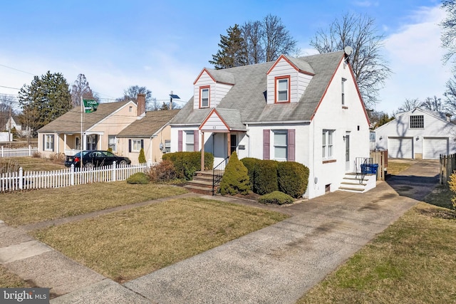 view of front of home with stucco siding, a front lawn, fence, a residential view, and an outdoor structure