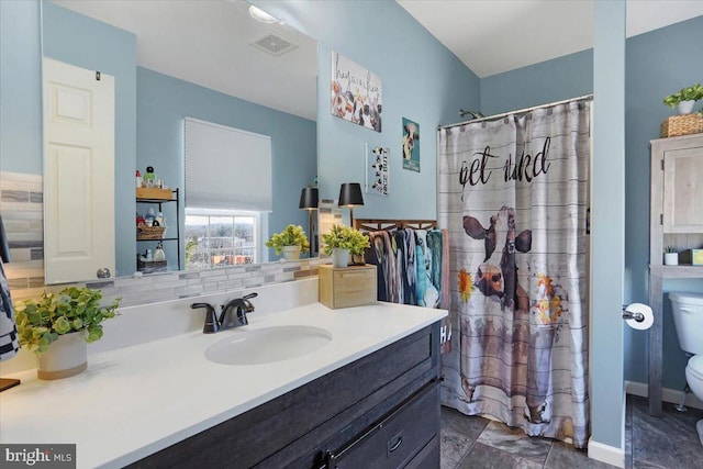 full bathroom with vanity, visible vents, decorative backsplash, curtained shower, and toilet