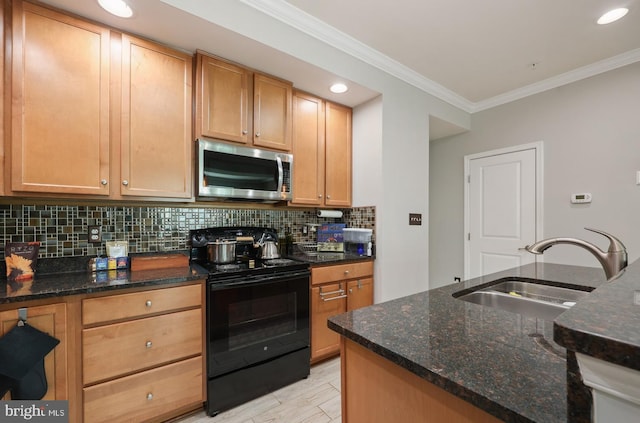 kitchen with stainless steel microwave, a sink, black range with electric stovetop, tasteful backsplash, and ornamental molding