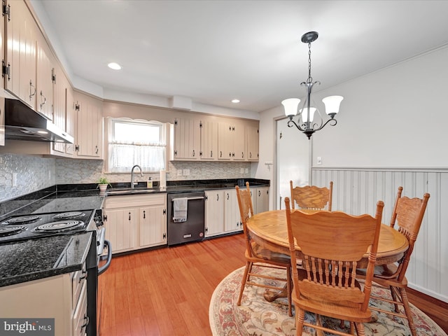 kitchen featuring electric range, light wood-style flooring, a sink, under cabinet range hood, and dishwashing machine