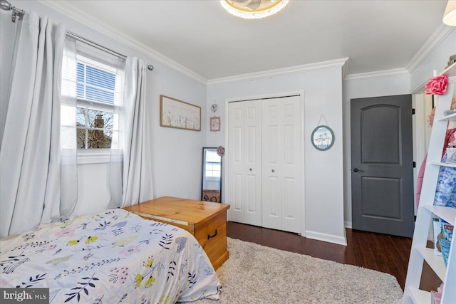 bedroom featuring a closet, multiple windows, dark wood finished floors, and crown molding