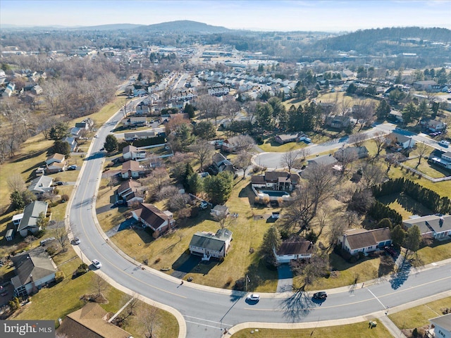 aerial view featuring a mountain view and a residential view